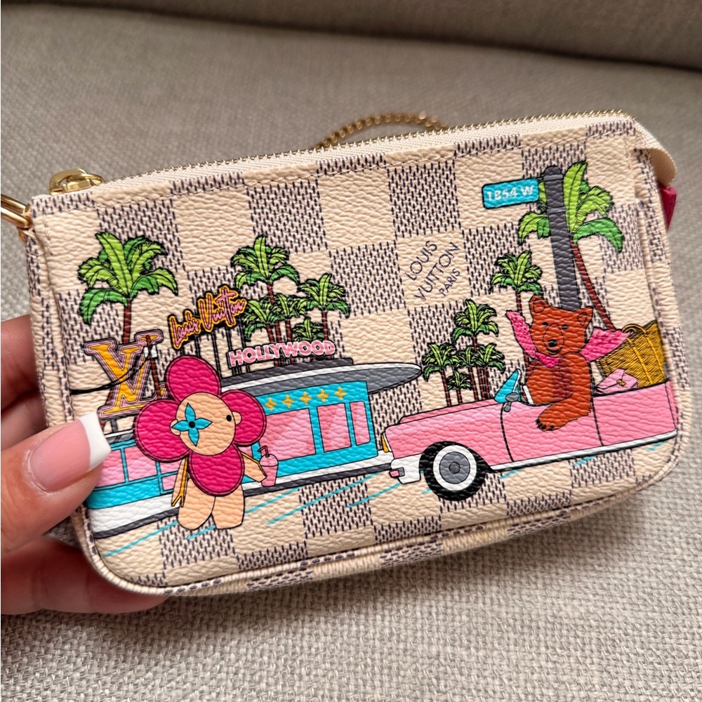 Louis Vuitton Beige Damier Zip Pouch with Pink and Teal Graphic
